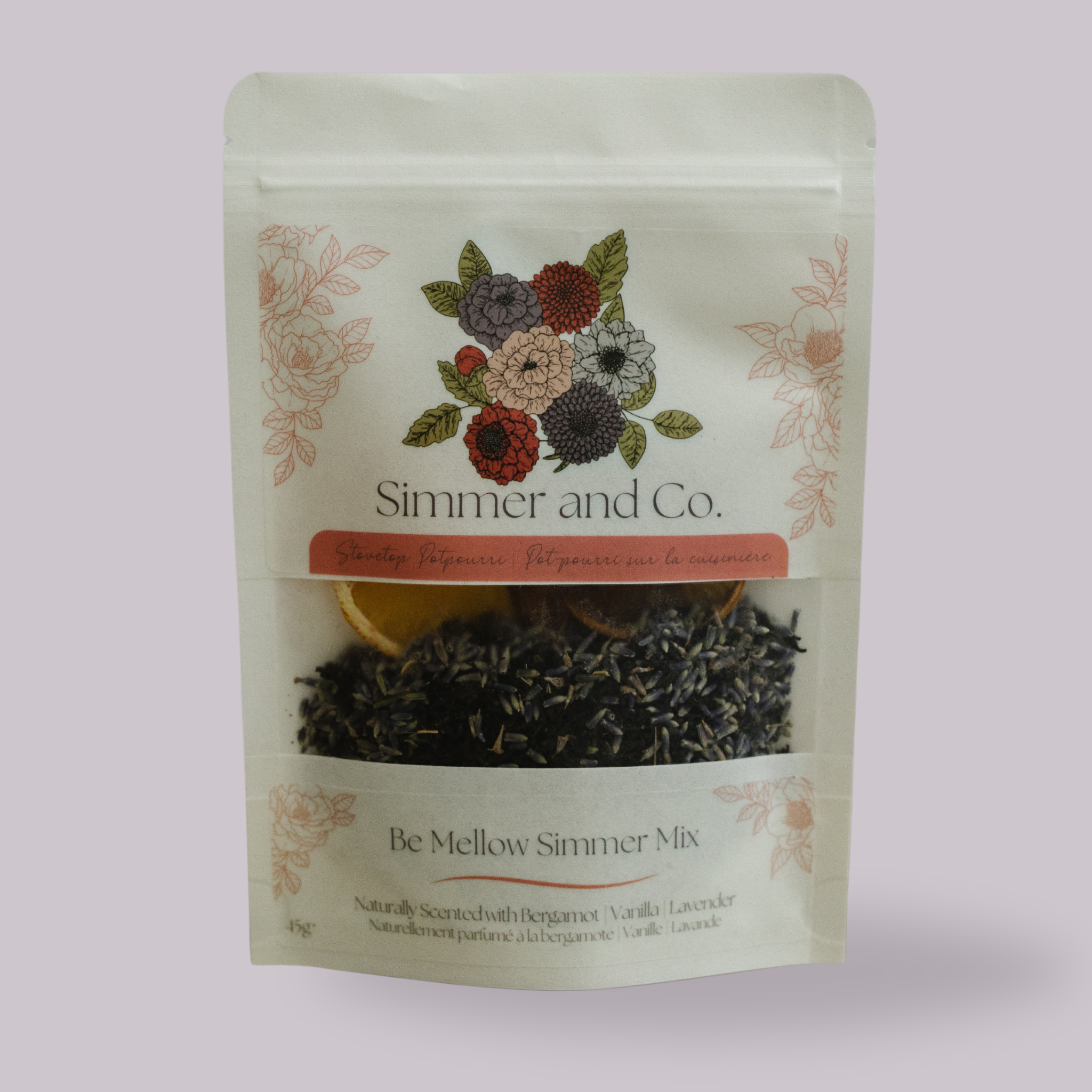 Packaging of 'Be Mellow Simmer Mix' by Simmer and Co. on a light purple background