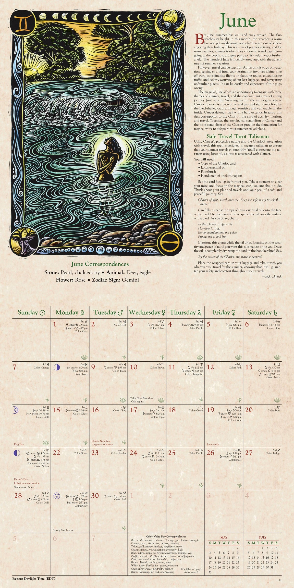 An Art Nouveau style June calendar page featuring a central illustration of a woman in a boat on stylized water waves, with moon phases, a sun, and a monthly calendar grid below on a beige parchment-like background.