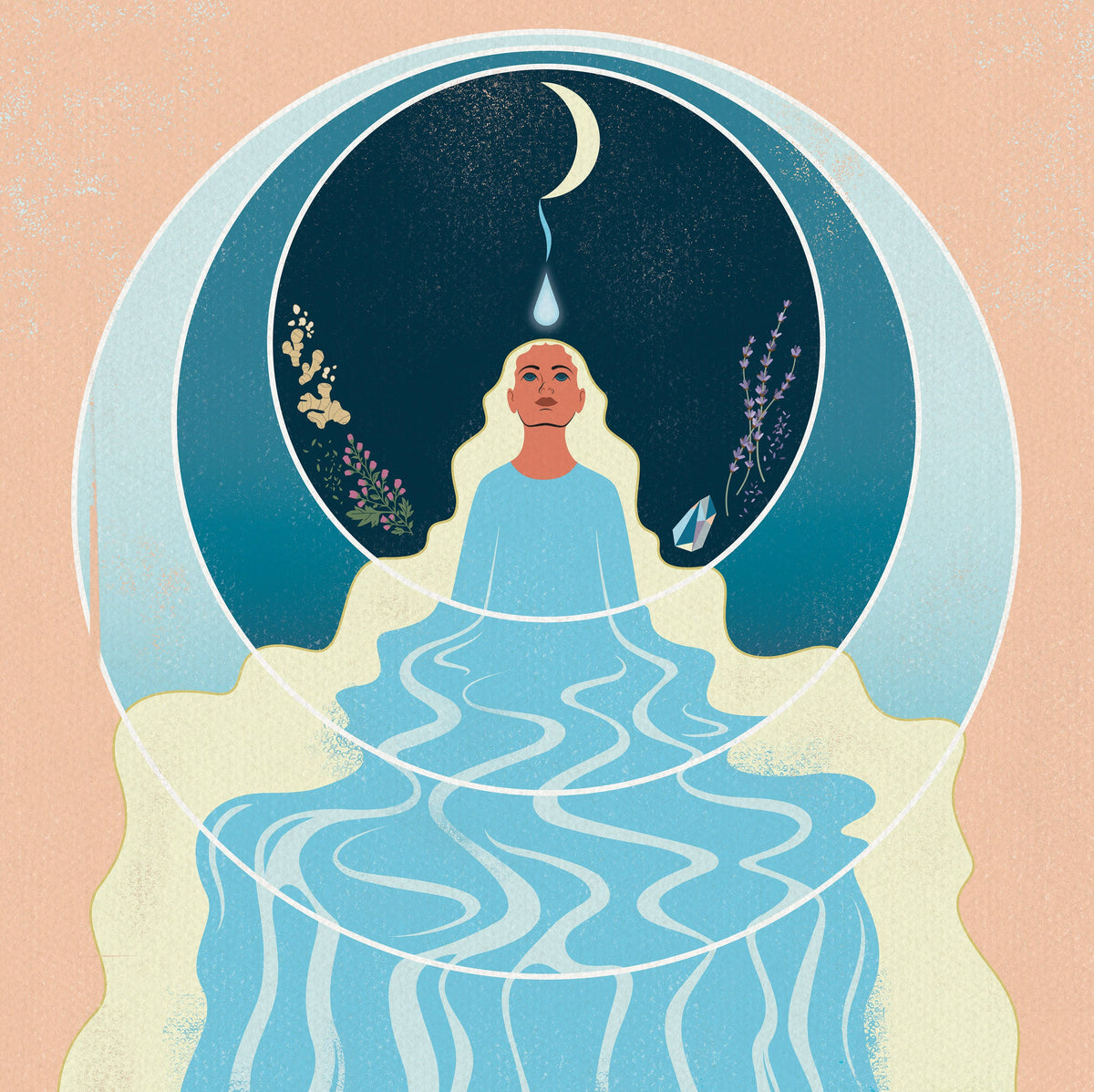 An illustrated circular artwork showing a seated figure in a blue robe with a crescent moon above, a single drop of water, and floral details on a peach background.