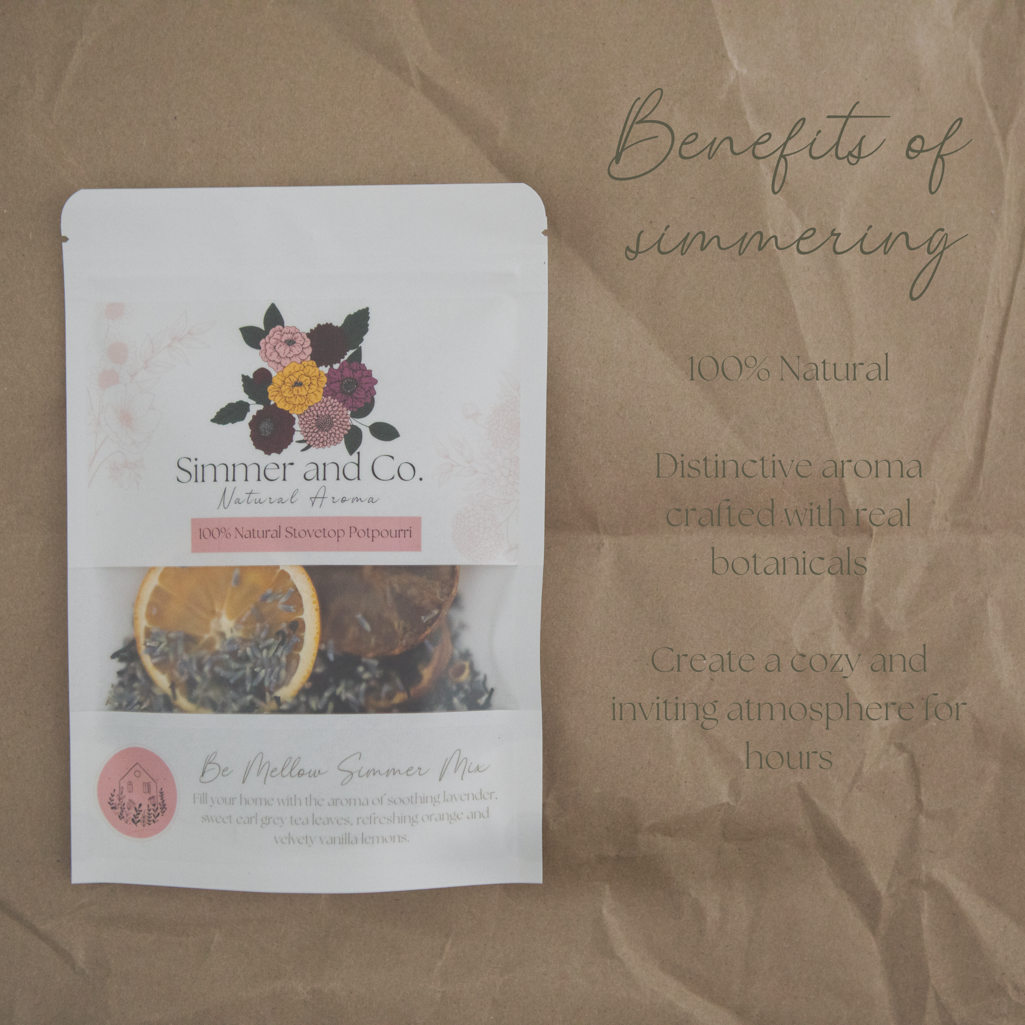 Simmer and Co. potpourri package on brown paper with product description text.