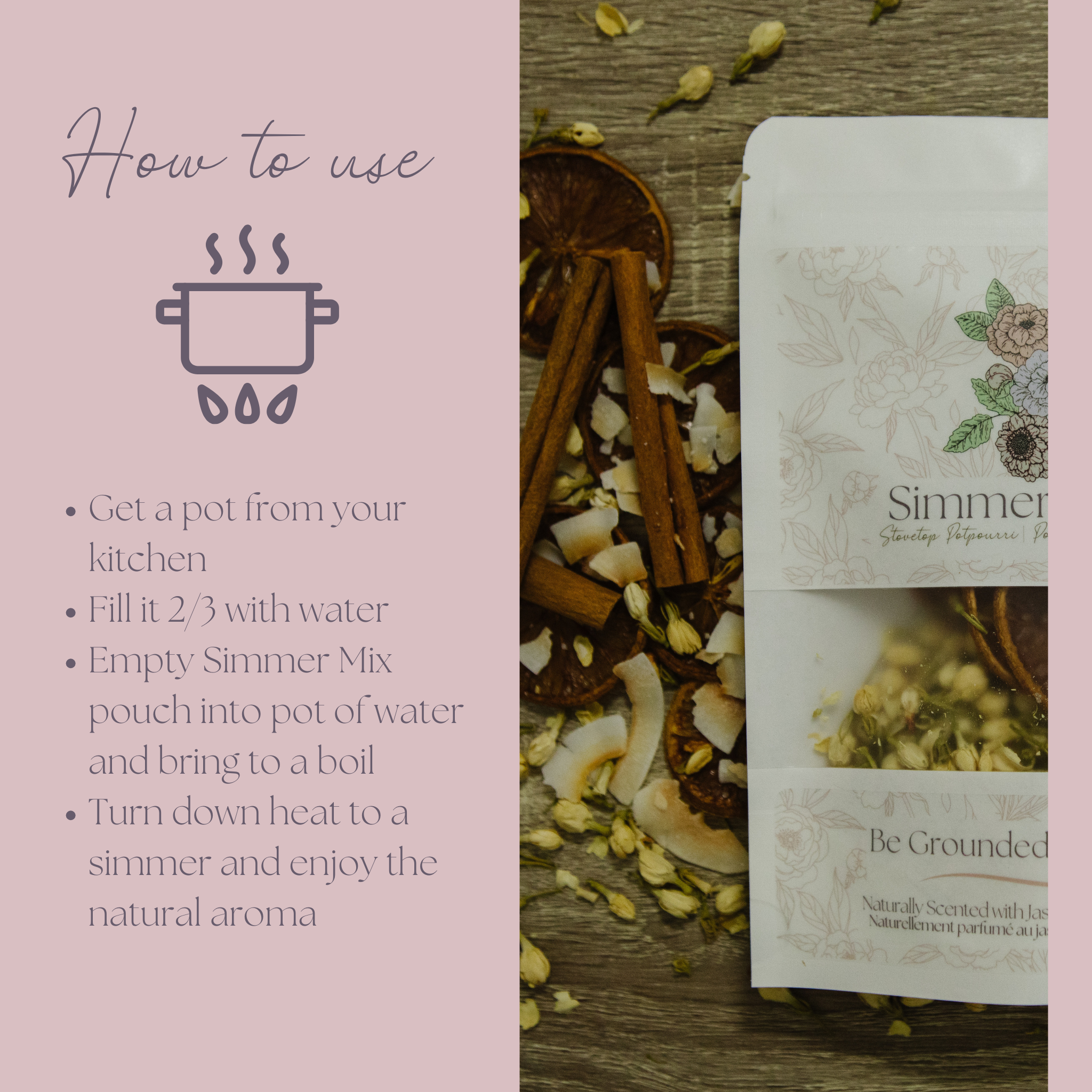 Instructions on how to use simmer mix with packaging and ingredients on a wooden surface.