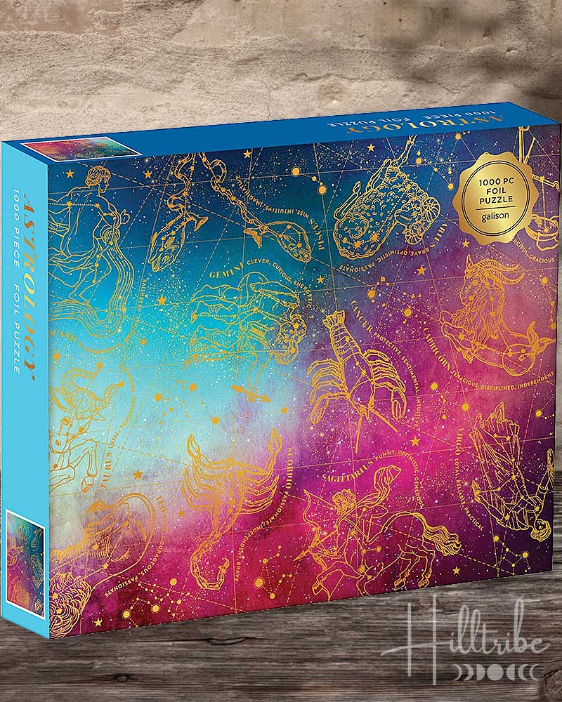 Jigsaw puzzle box with zodiac designs on a gradient background