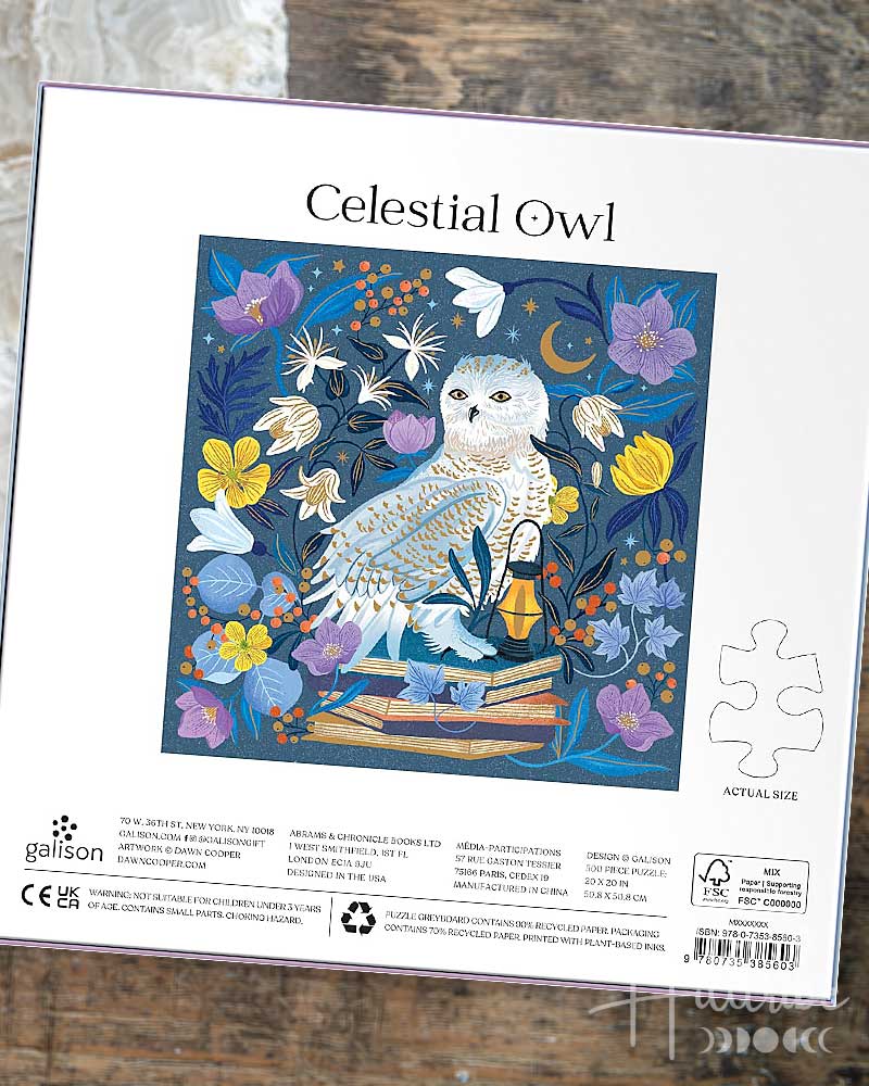 Jigsaw puzzle packaging with an owl and floral design, featuring the brand 'Galison'.