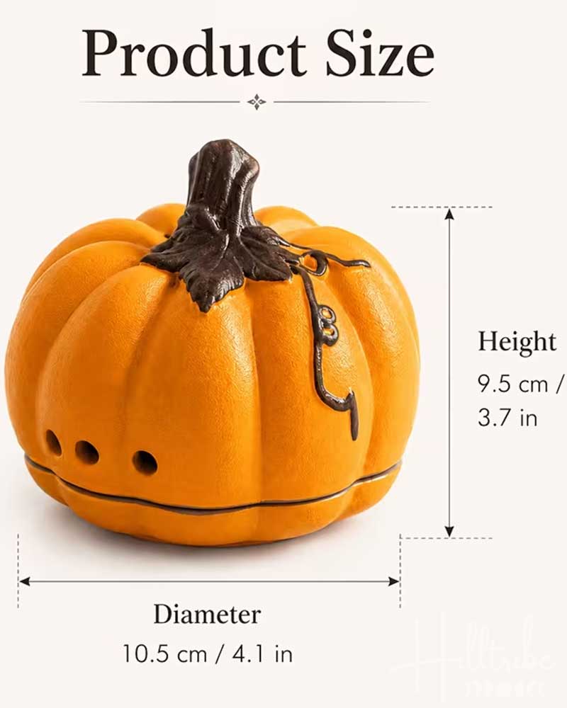 Product size diagram of an orange pumpkin-shaped container or ornament with a dark stem, showing dimensions labeled as 10.5 cm diameter and 9.