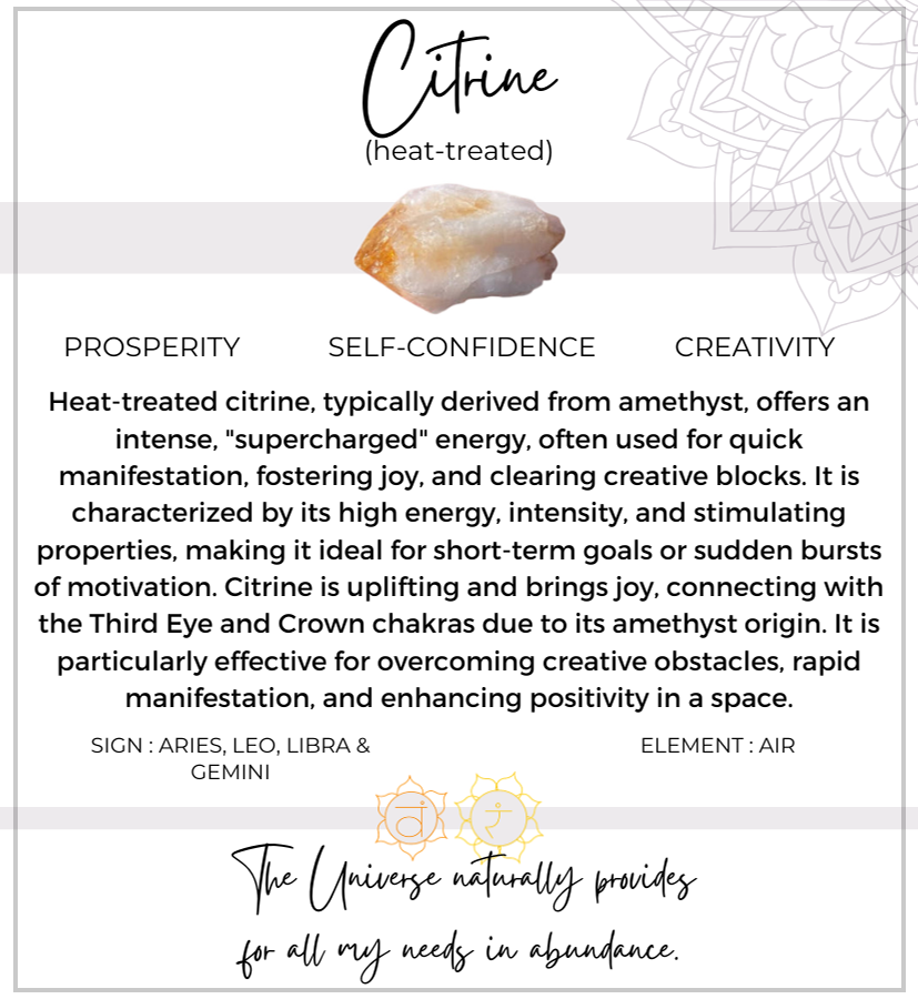Informational card about heat-treated citrine with a crystal image on a white background.