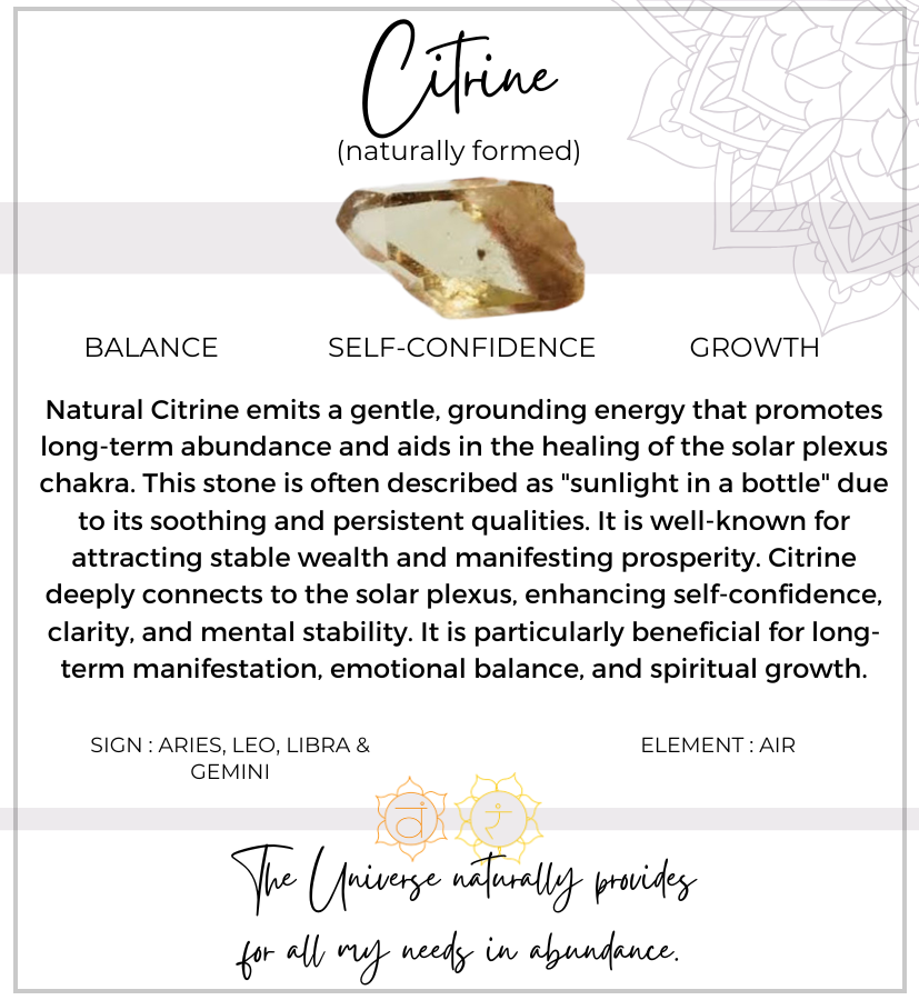 Informational graphic about naturally formed citrine with a crystal image and text on a white background.
