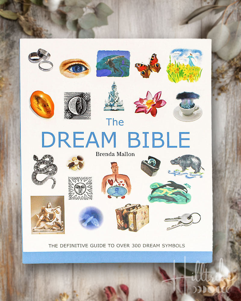 Book titled 'The Dream Bible' by Brenda Malton on a wooden surface with decorative elements.