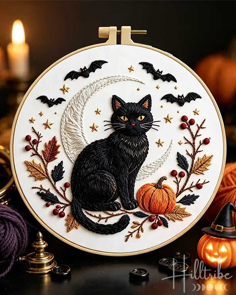 Black Cat + Moon Halloween Samhain Embroidery Kit