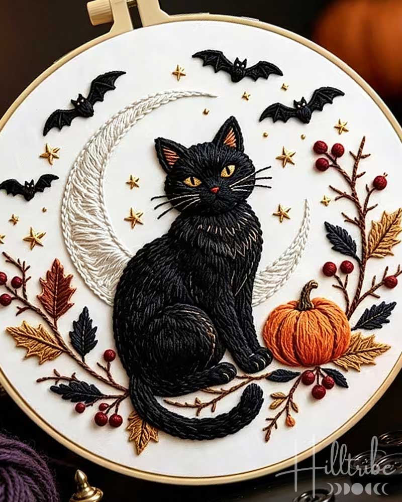 Black Cat + Moon Halloween Samhain Embroidery Kit