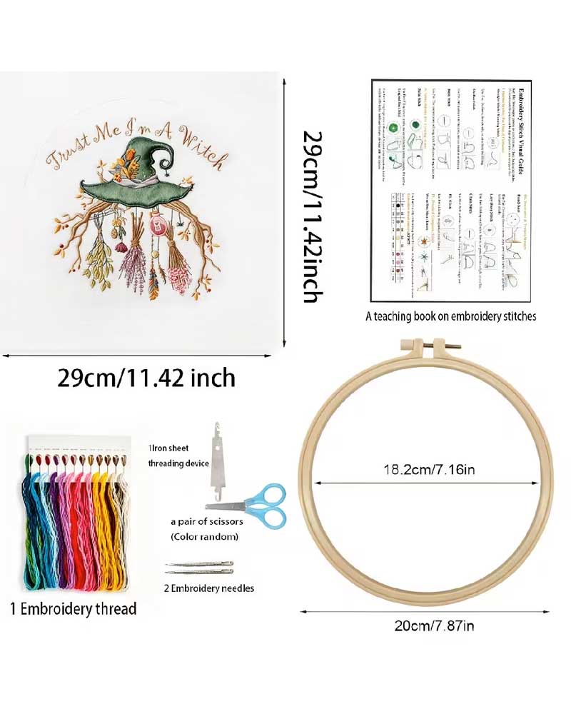 Embroidery kit layout with a finished embroidered design showing a witch hat and tree motif, a stitching instruction sheet, a wooden embroidery hoop, thread spool, scissors, needle, and thread pack, with dimensions labeled in centimeters and inches.