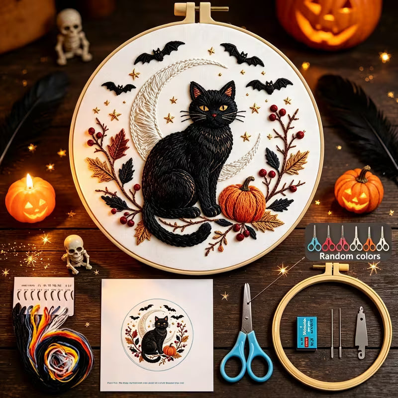 Black Cat + Moon Halloween Samhain Embroidery Kit