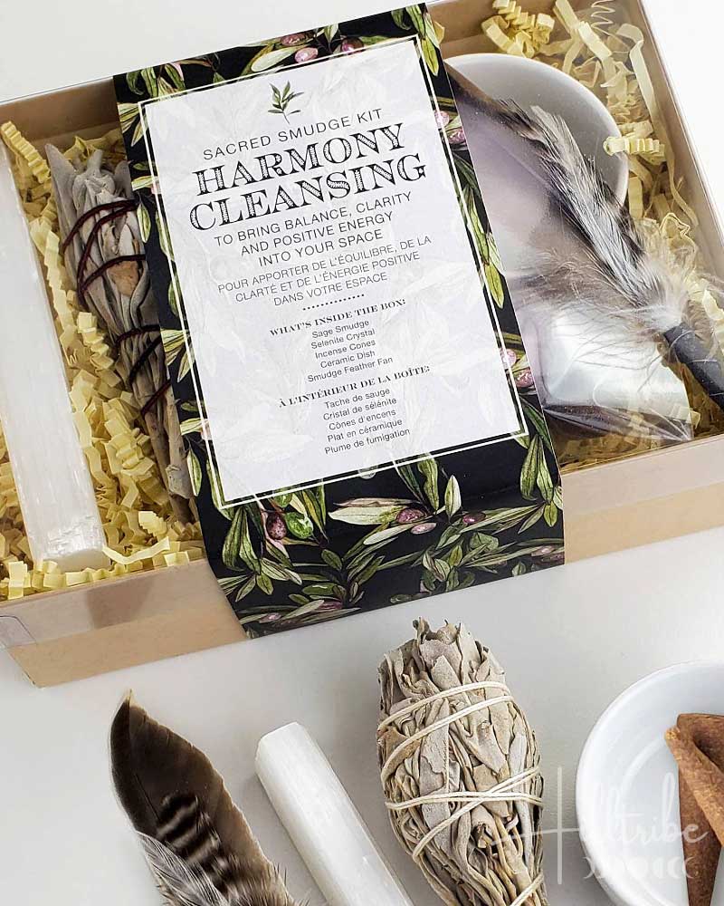Sacred smudge kit with feathers and incense on a white surface