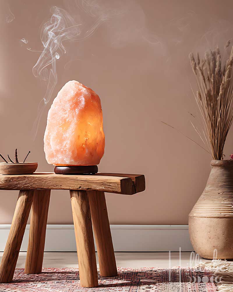 Himalayan salt lamp on a wooden stool with a vase of dried plants in the background.