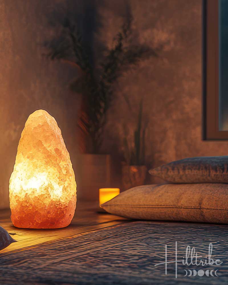Himalayan salt lamp on a wooden surface with a soft focus background