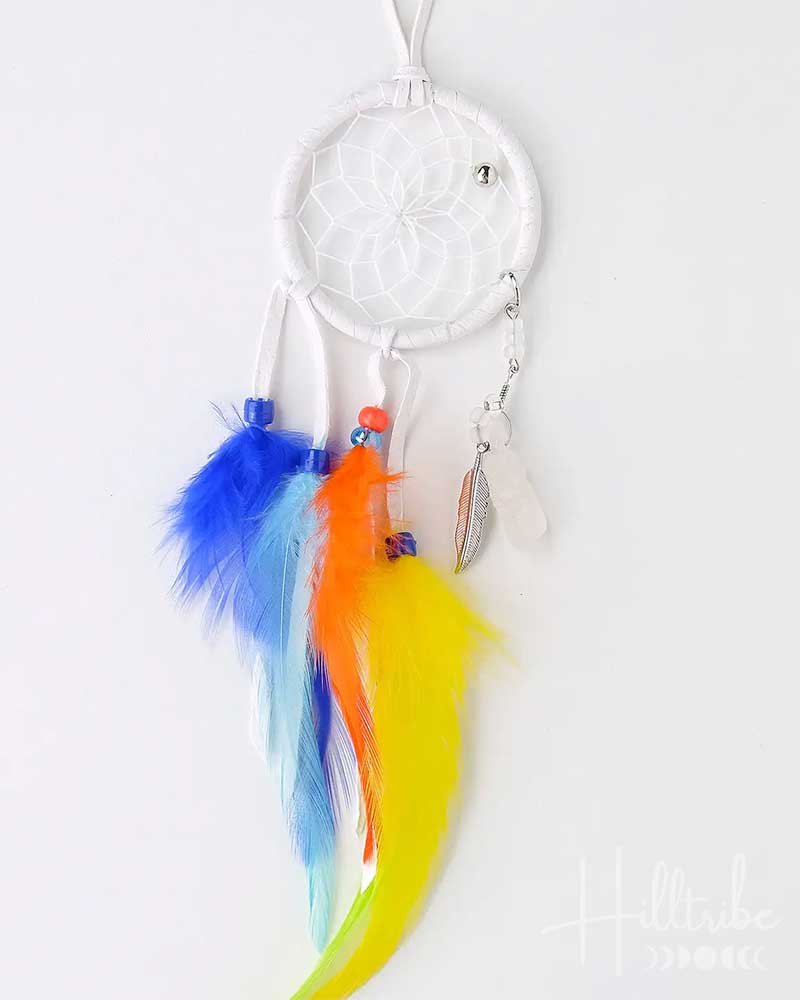 Colorful dreamcatcher with feathers on a white background