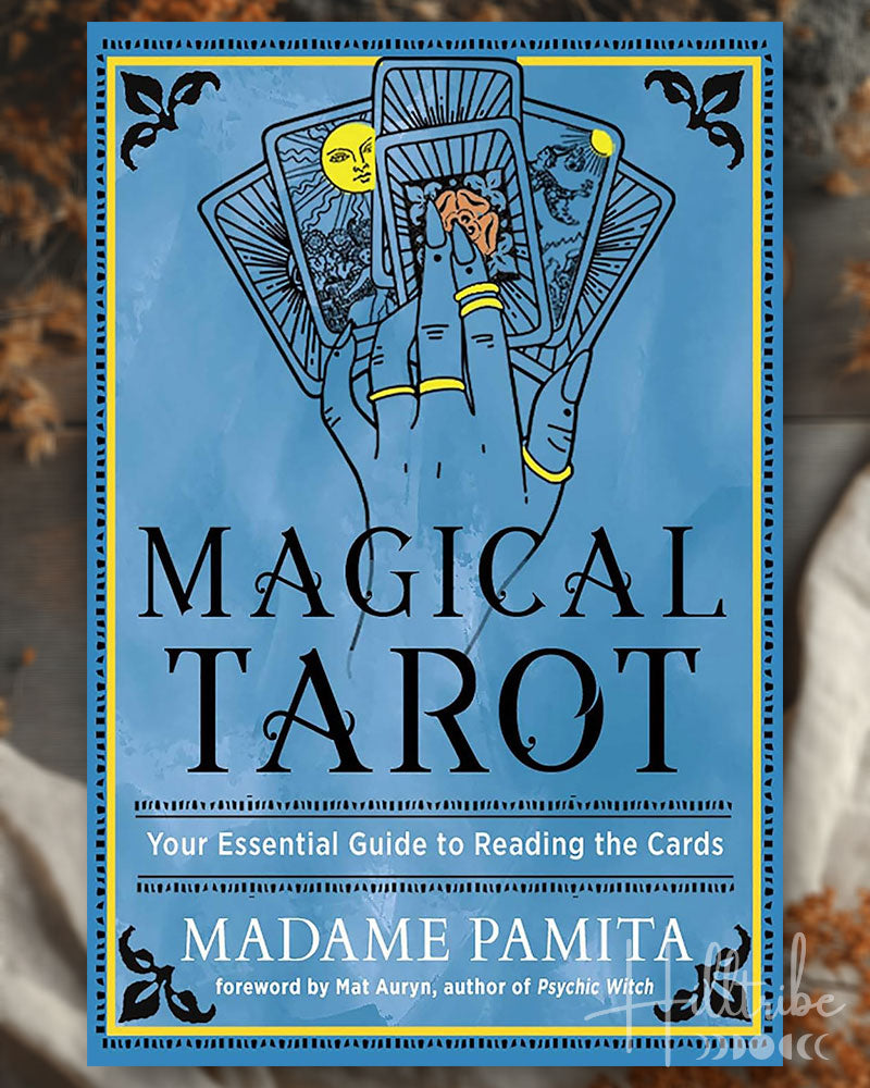Book cover of 'Magical Tarot' by Madame Pamita with tarot card design on a blue background.