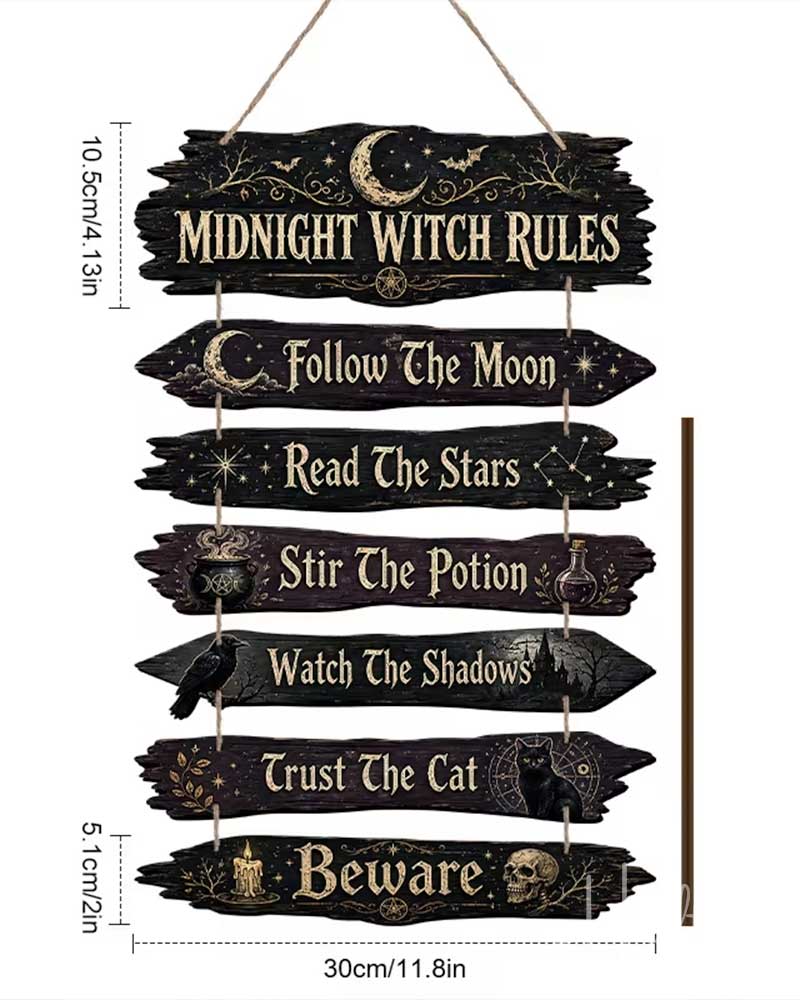A 2D flat wooden hanging sign with seven rustic dark wood planks reading 'Midnight Witch Rules' and related phrases, shown on a white background with dimension labels.