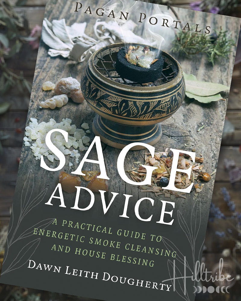 Book cover of 'Sage Advice' by Dawn Leith Dougherty with a sage smudge bowl and herbs on a wooden background.