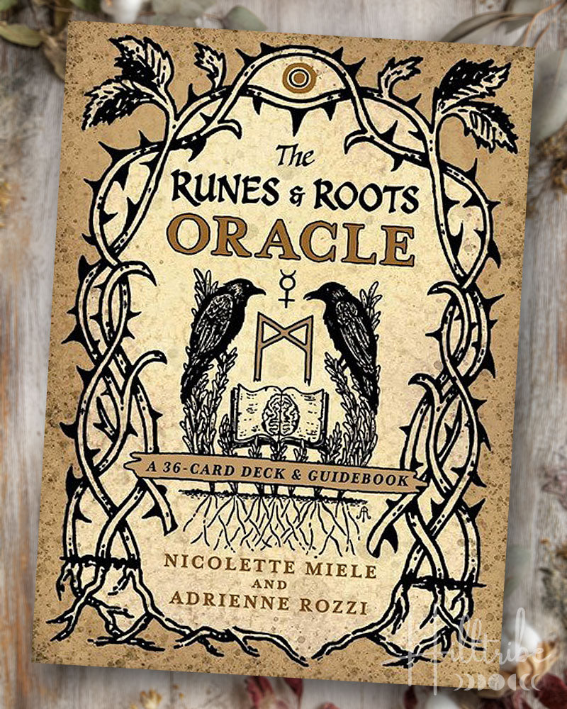 Deck cover of 'The Runes & Roots Oracle' with crow illustrations and decorative text on a textured background.