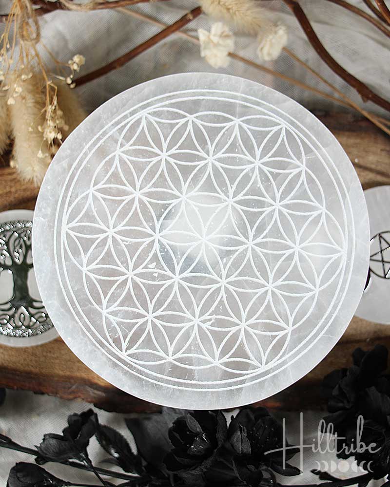 Transparent selenite crystal with Flower of Life pattern on a wooden surface with dried plants.