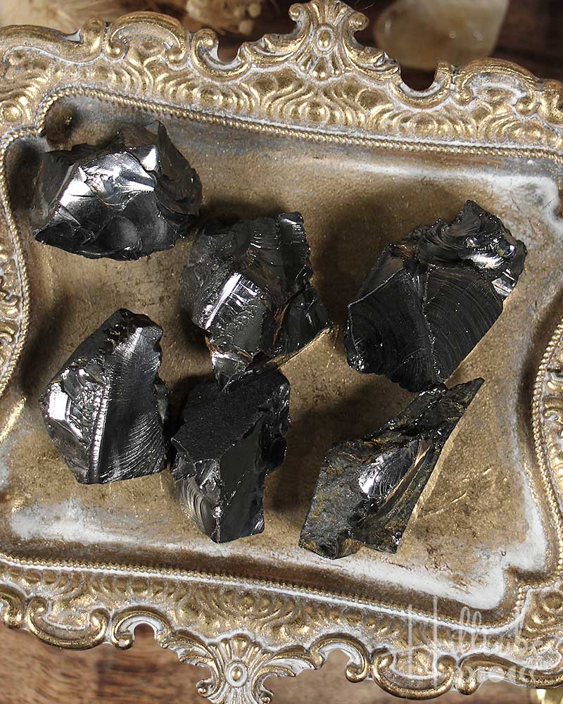 Natural Elite Noble Shungite rocks on a decorative tray with 'Hilltribe' branding.