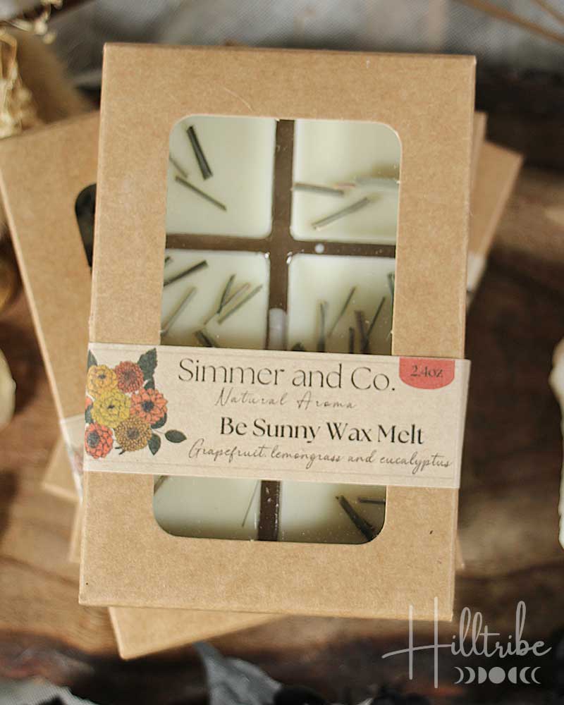 Box of Simmer and Co. Be Sunny Wax Melts with a clear window showing the product inside.