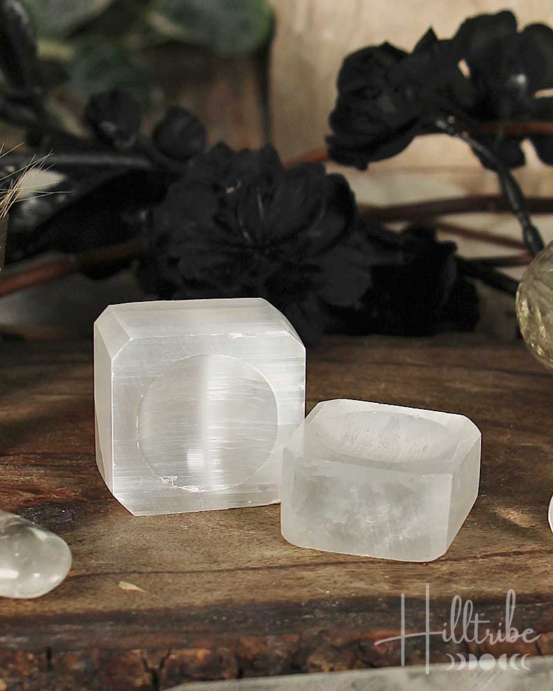 Two selenite crystals on a wooden surface with blurred plants in the background
