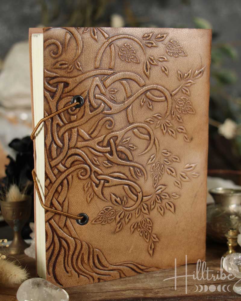Brown leather journal with embossed designs on a blurred background