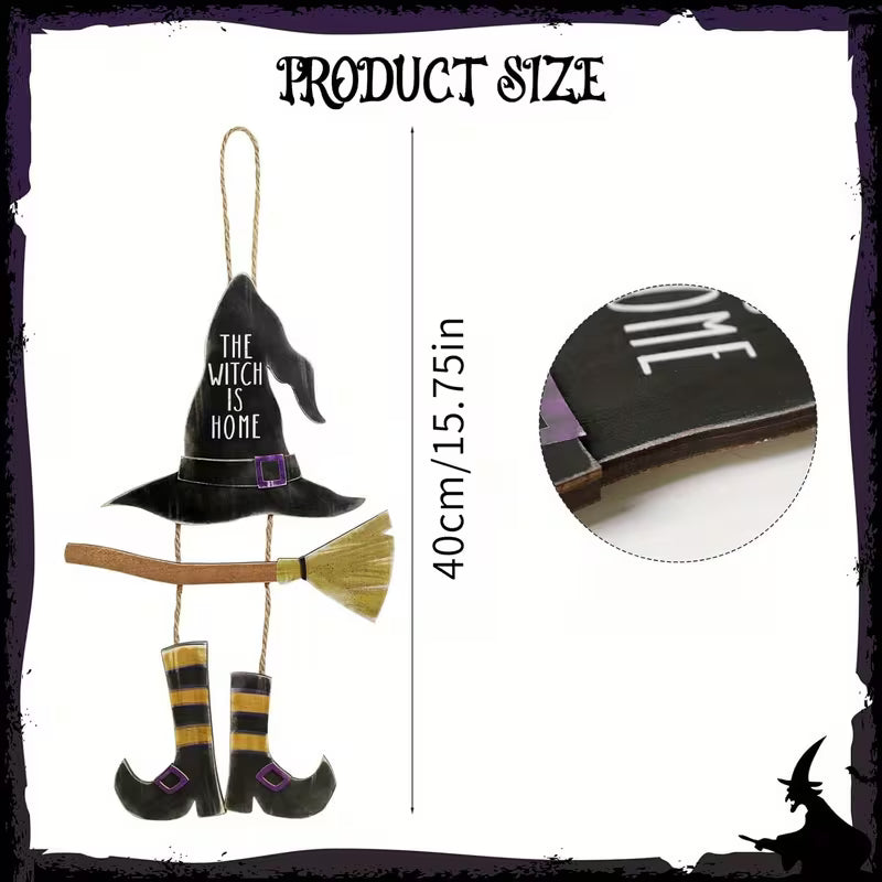 Halloween witch decoration set with a black pointed hat reading 'THE WITCH IS HOME', a broom, and black-and-yellow striped boot legs, shown with product size and a circular detail inset on a white background.