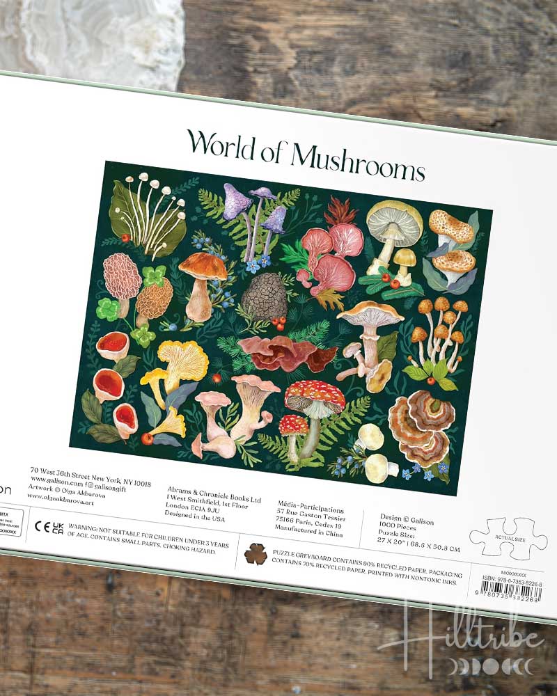 Jigsaw puzzle packaging with 'World of Mushrooms' design on a white background
