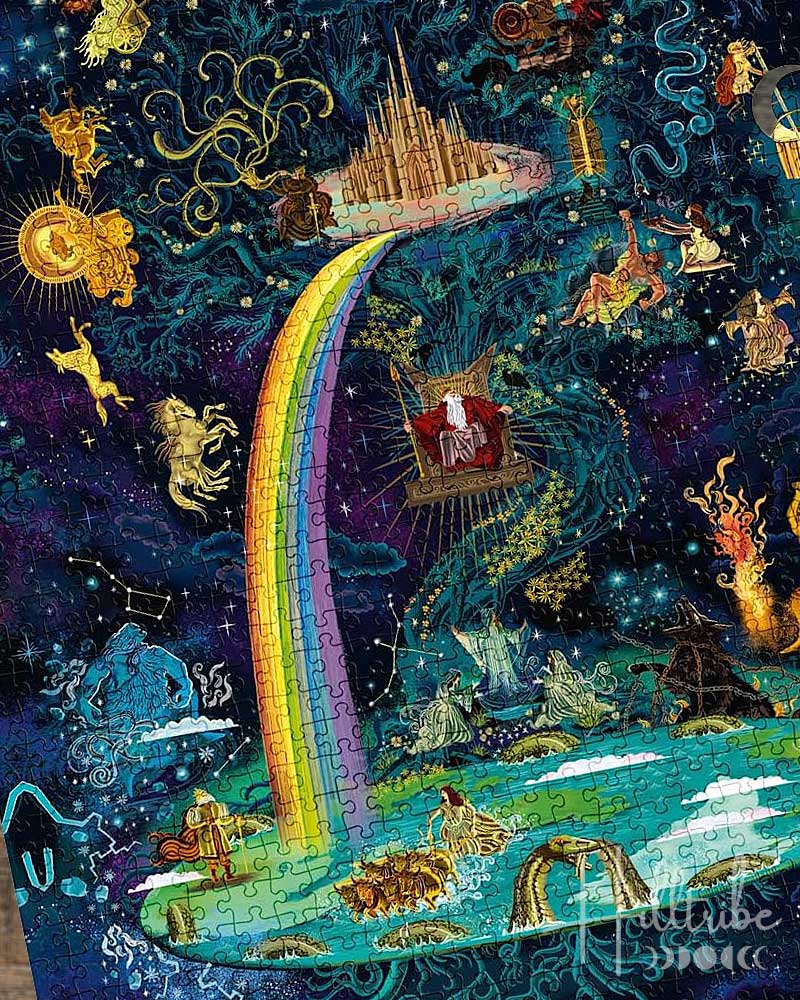 Jigsaw puzzle box cover featuring Norse mythology with colorful illustrations and a rainbow.