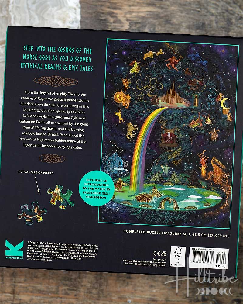 Jigsaw puzzle box cover featuring Norse mythology with colorful illustrations and a rainbow.