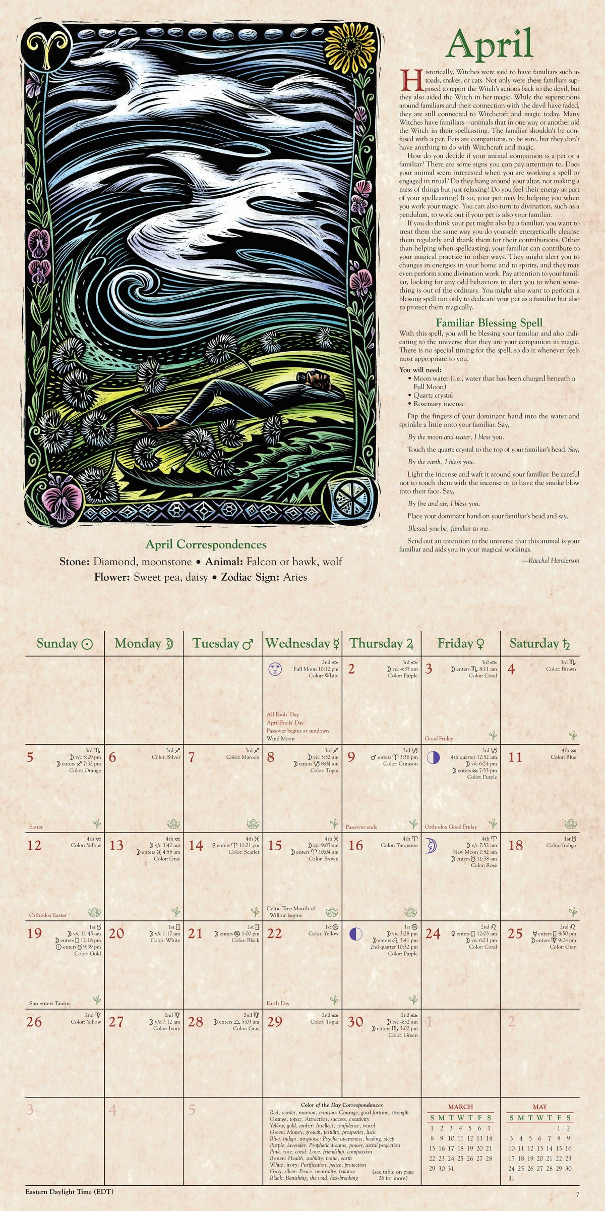 April 2027 art calendar page featuring a detailed Arts Nouveau style illustration of a flying bird with a wave pattern, alongside a monthly calendar grid and text columns on a beige background.