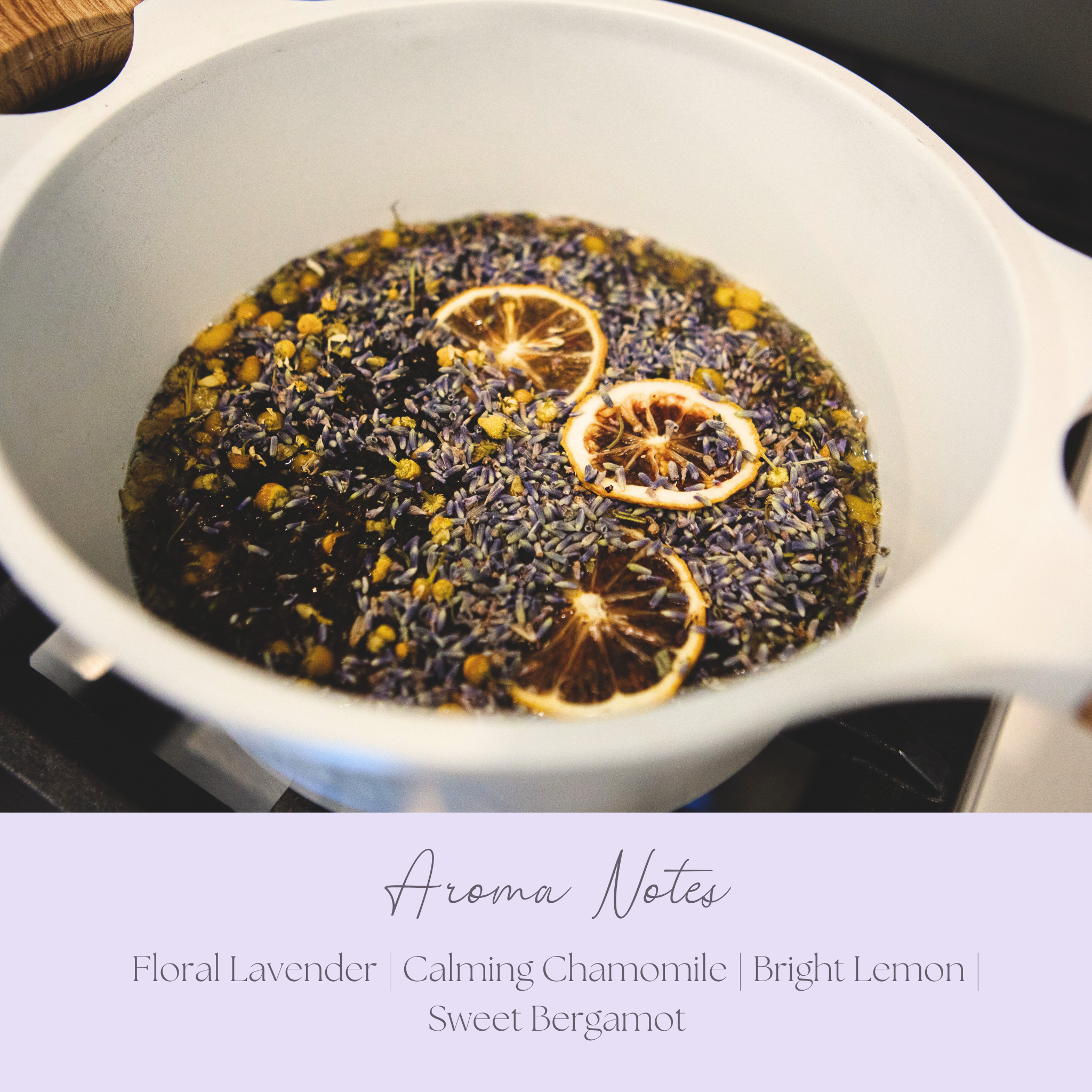 White pot with dried herbs and citrus slices on a stove, labeled 'Aroma Notes'.