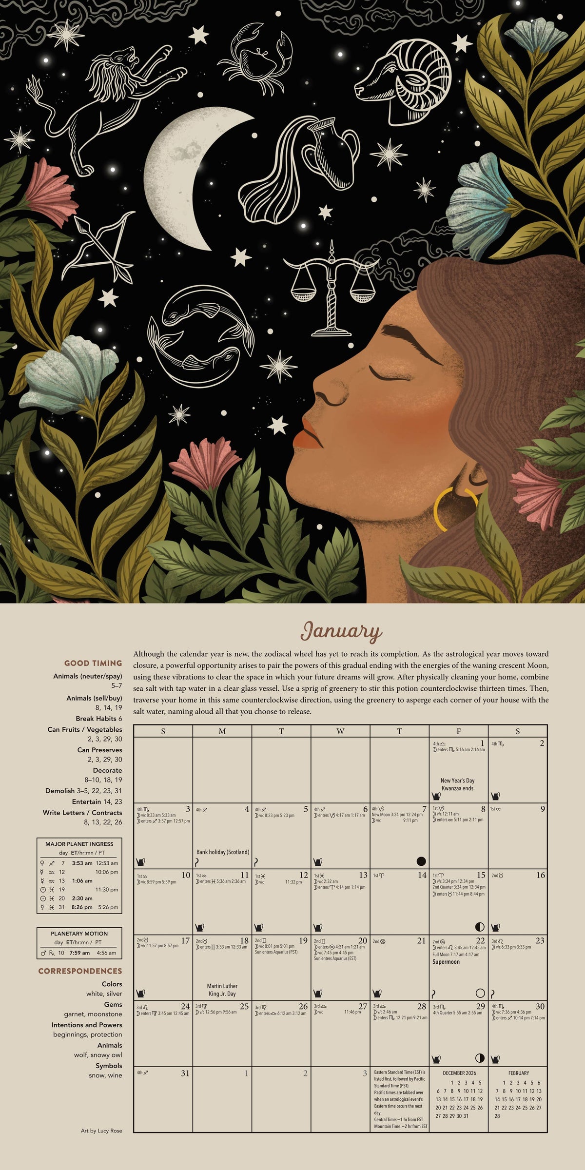 An illustrated monthly calendar page for January, featuring a dark celestial and botanical design with a woman's profile, moon, stars, zodiac symbols, flowers, and leaves above a beige calendar grid with text.