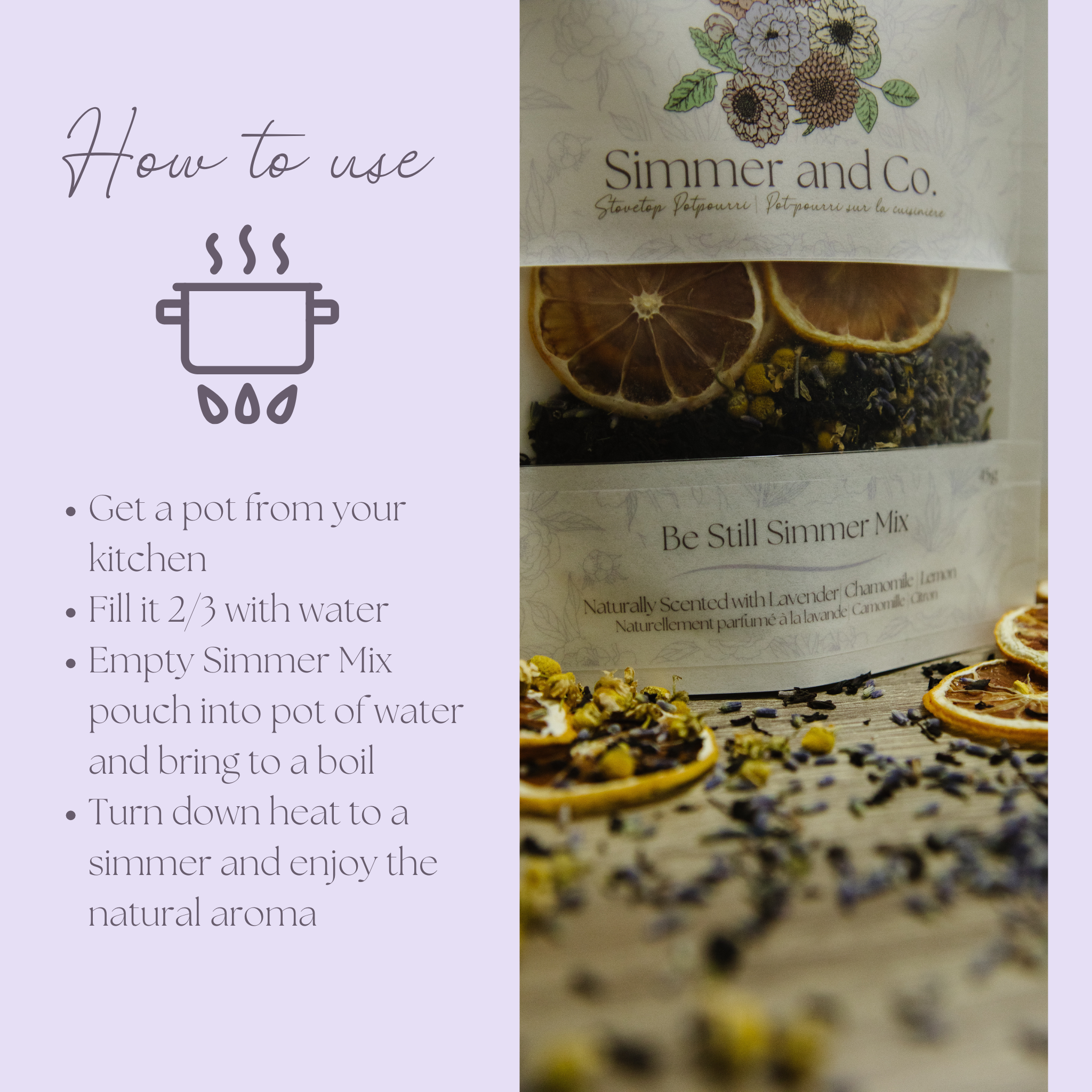 Simmer and Co. simmer mix packaging with usage instructions on a light purple background