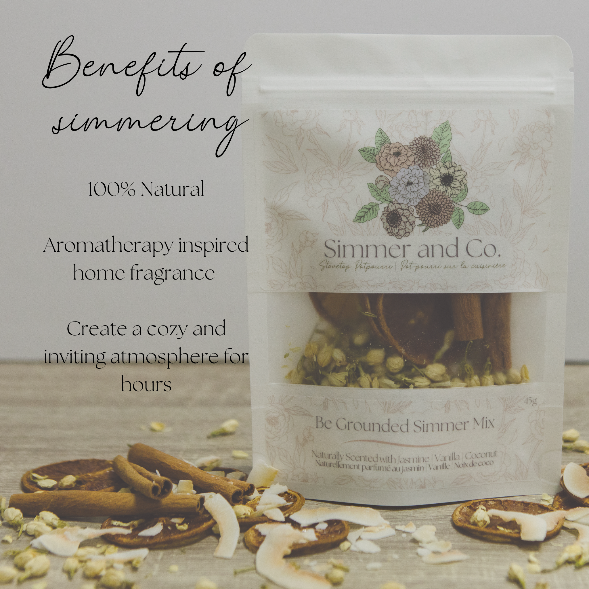 Simmer and Co. simmer mix packaging with ingredients on a wooden surface