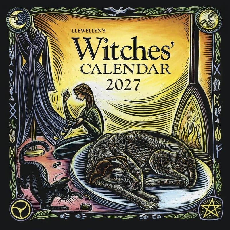 Llewellyn's Witches' Calendar 2027 cover featuring a witch sitting by a fire with a cat on a plate, illustrated in a vintage fantasy style with a black border and decorative symbols.
