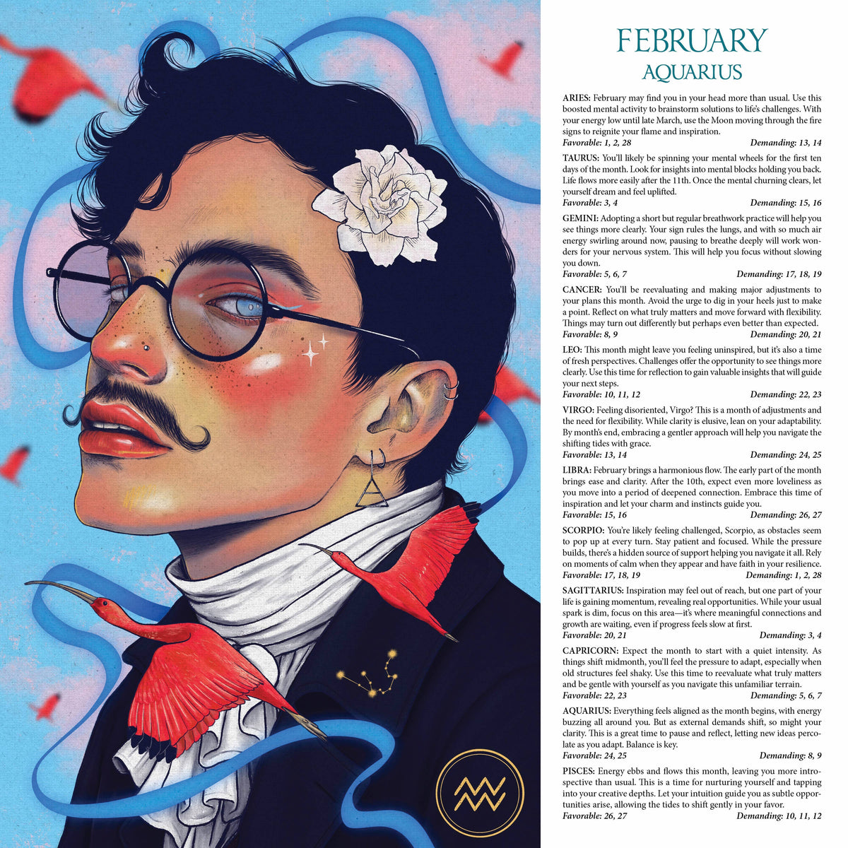 An illustrated February Aquarius astrology card featuring a stylized portrait of a man with glasses, a white flower in his hair, and a red bow tie, alongside a column of astrological text on a light blue background.