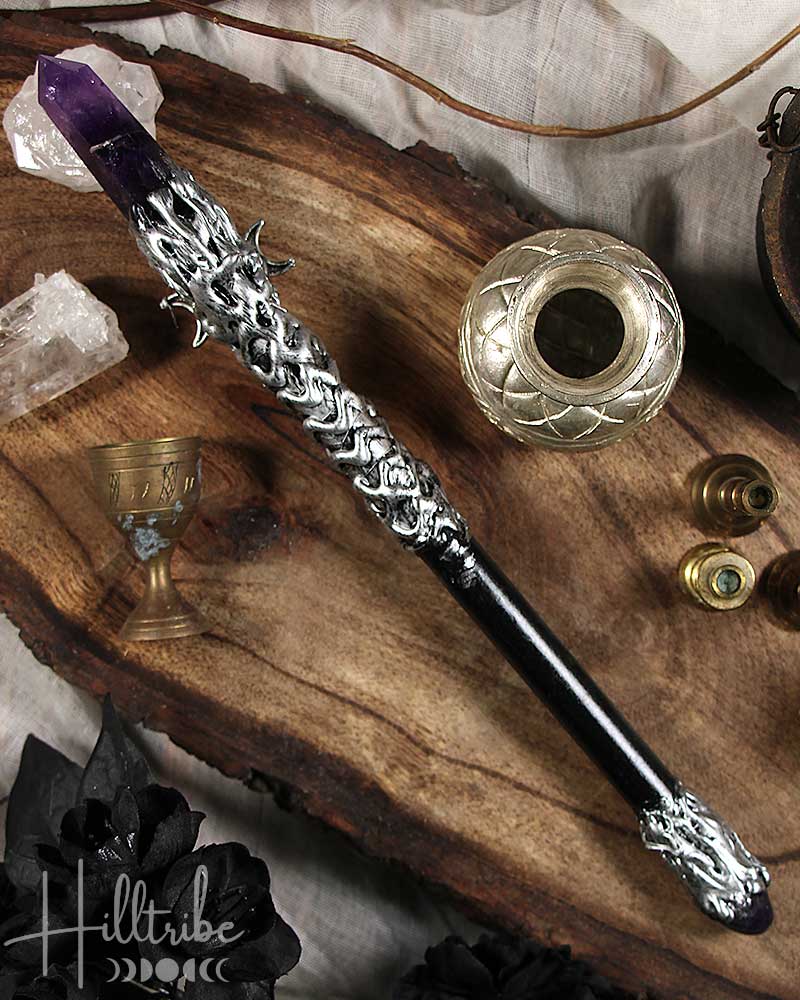 Amethyst Point + Silver Triple Moon Magick Wand from Hilltribe Ontario