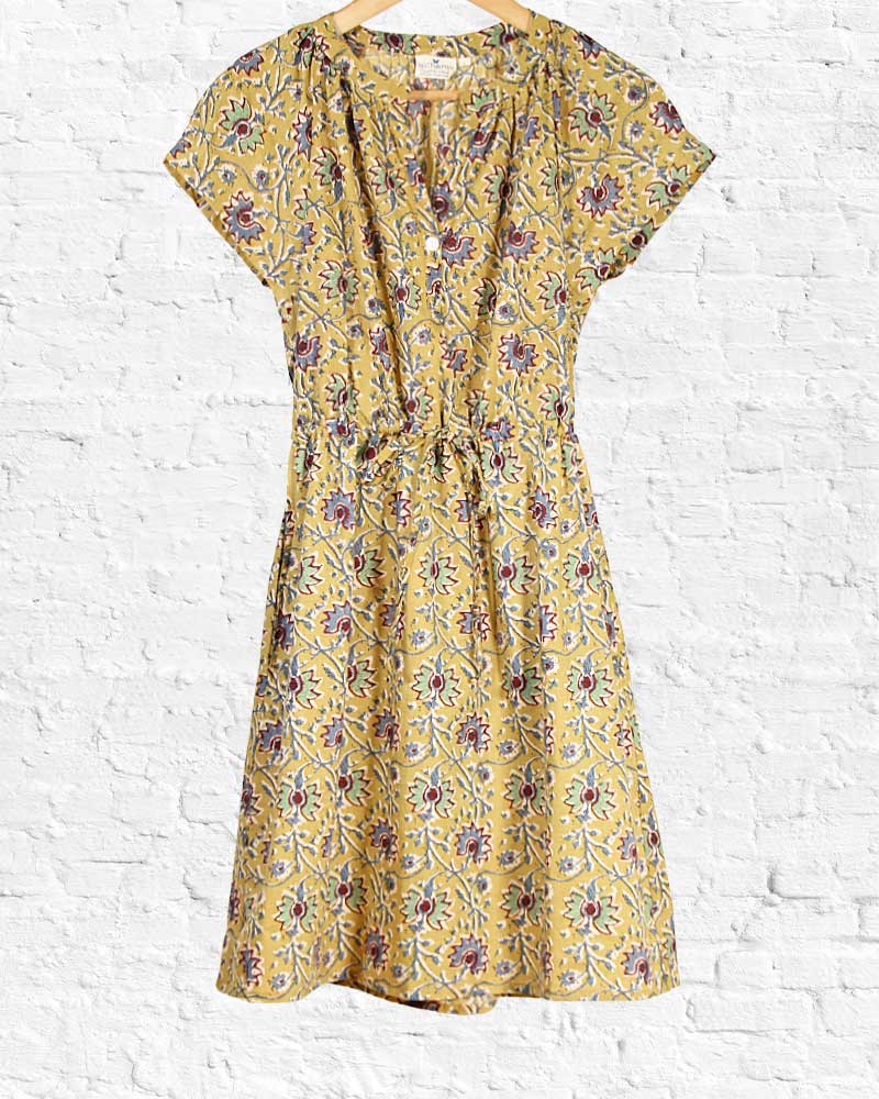 Mustard Blockprint Organic Cotton Padma Dress from Hilltribe Ontario