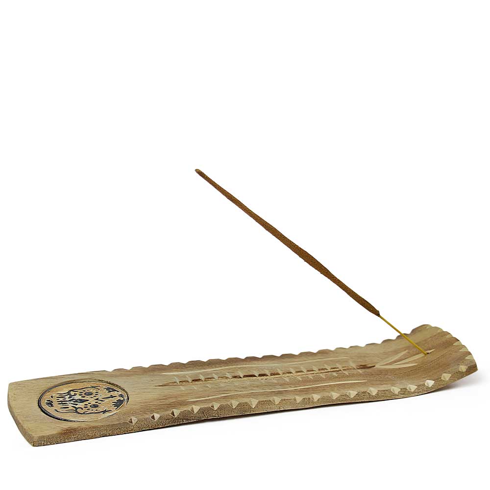 Sugar Skull Wide Wooden Incense Holder from Hilltribe Ontario