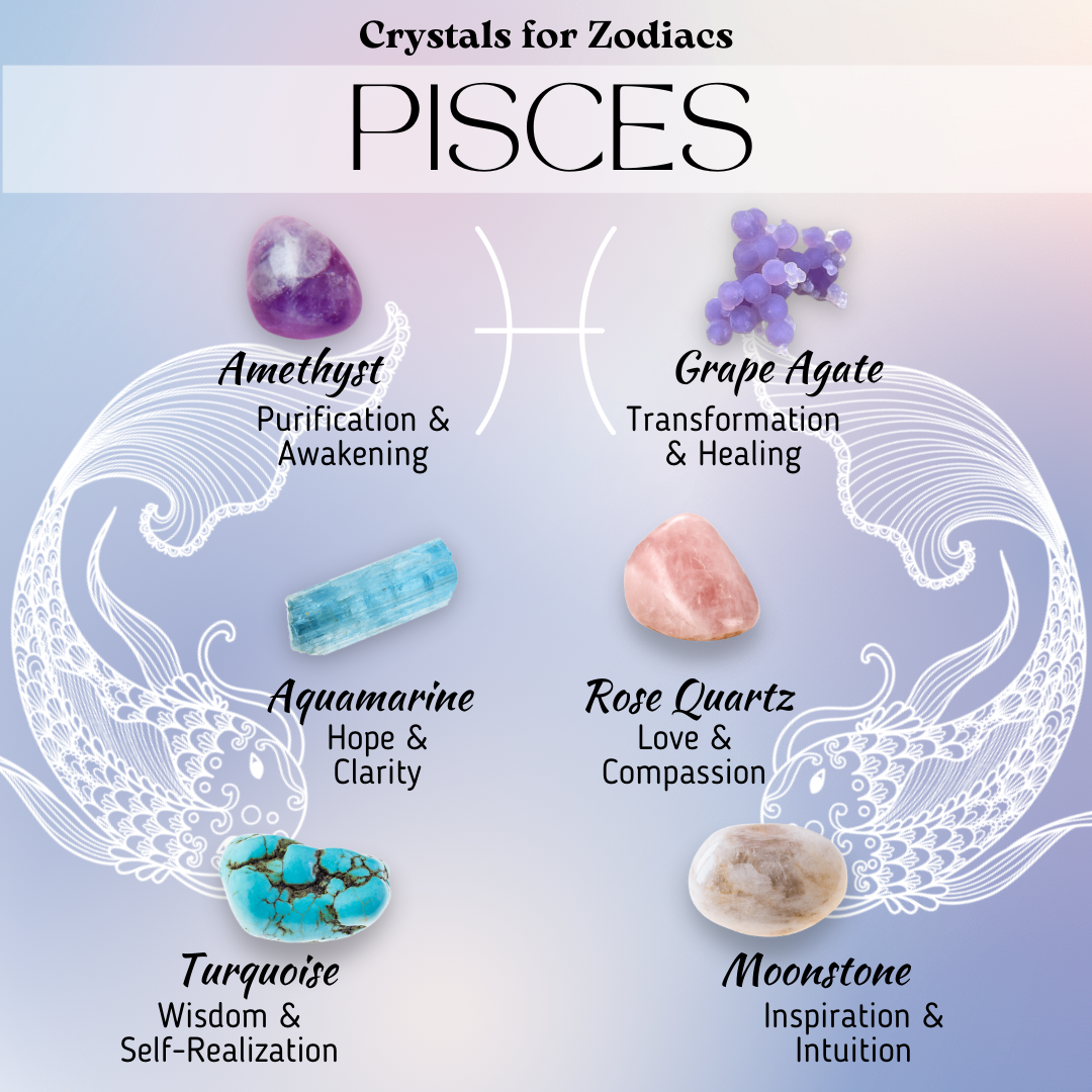 Crystals for Pisces include Aquamarine, Amethyst, Grape Agate, Rose Quartz, Turquenite, and Moonstone.