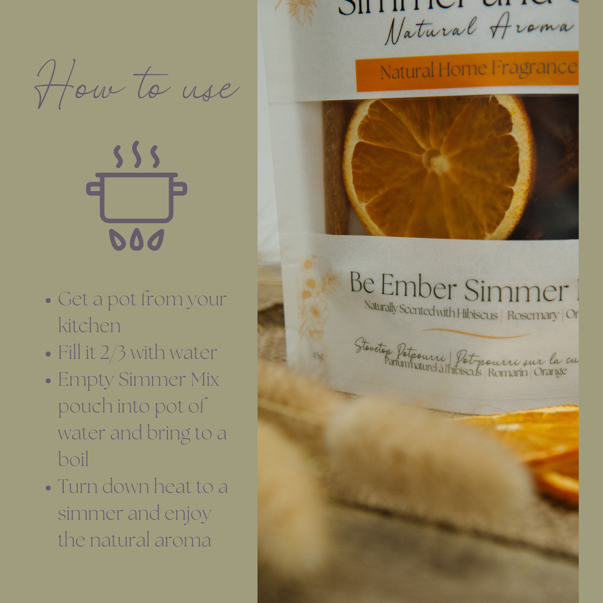 Be Ember Simmer natural home fragrance packaging with instructions on how to use it.