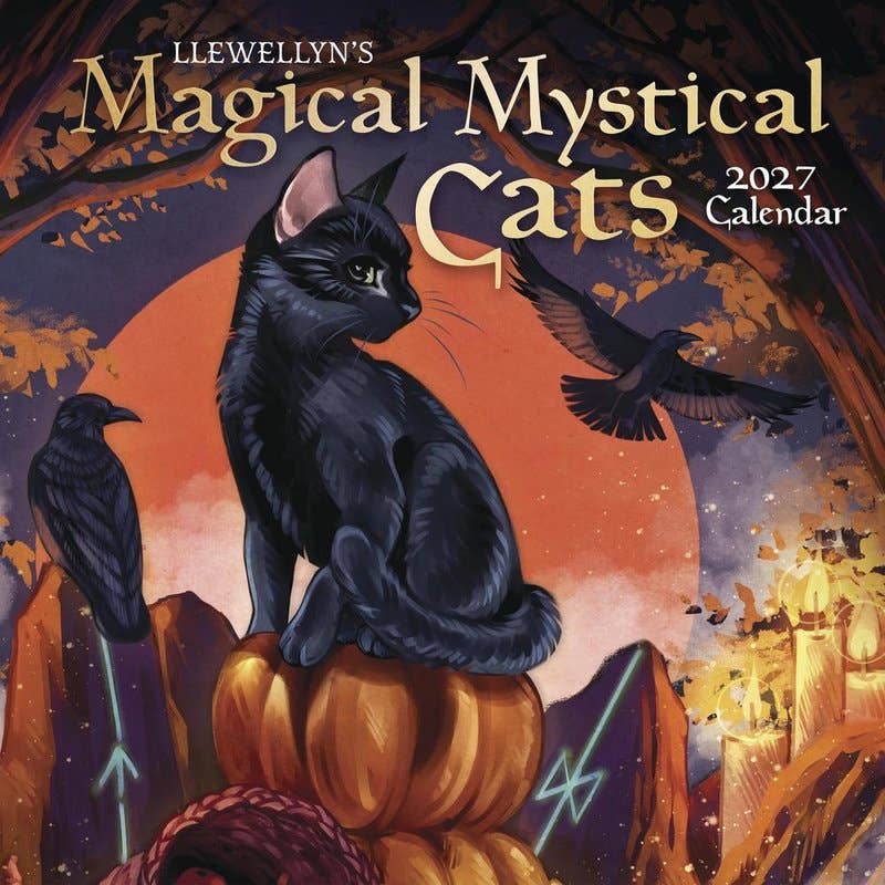 Llewellyn's Magical Mystical Cats 2027 Calendar cover featuring a black cat sitting on a pumpkin stack in front of a large orange moon, with crows, autumn leaves, and candles in the background.