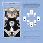Nova Witch Tarot 'The Moon' card spread sheet with an illustrated central card, four numbered card examples, and explanatory text on a light blue background.