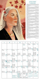 A January Capricorn calendar page featuring a stylized portrait of a woman with long white hair, red leaves, and a column of text, above a full monthly calendar grid.