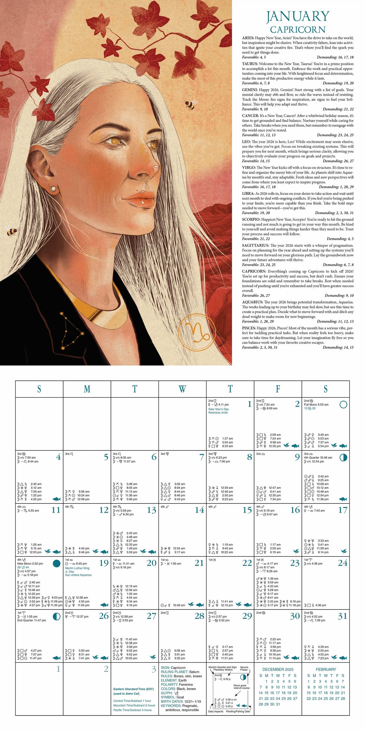 A January Capricorn calendar page featuring a stylized portrait of a woman with long white hair, red leaves, and a column of text, above a full monthly calendar grid.