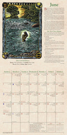An Art Nouveau style June calendar page featuring a central illustration of a woman in a boat on stylized water waves, with moon phases, a sun, and a monthly calendar grid below on a beige parchment-like background.