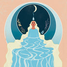 An illustrated circular artwork showing a seated figure in a blue robe with a crescent moon above, a single drop of water, and floral details on a peach background.